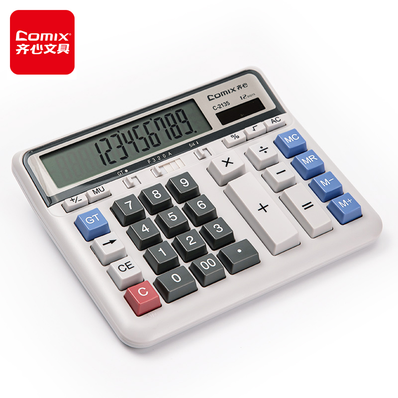 齐心(Comix)双电源电脑按键计算器 12位大屏横式计算机 财务及银行人员适用 办公用品 白色C-2135 个 白色