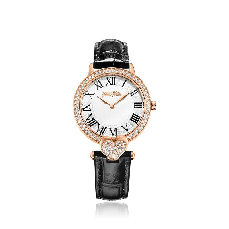 FolliFollie 芙丽腕表镶钻皮革石英手表女防水WF13B038SPS-BLACK-黑色  只  