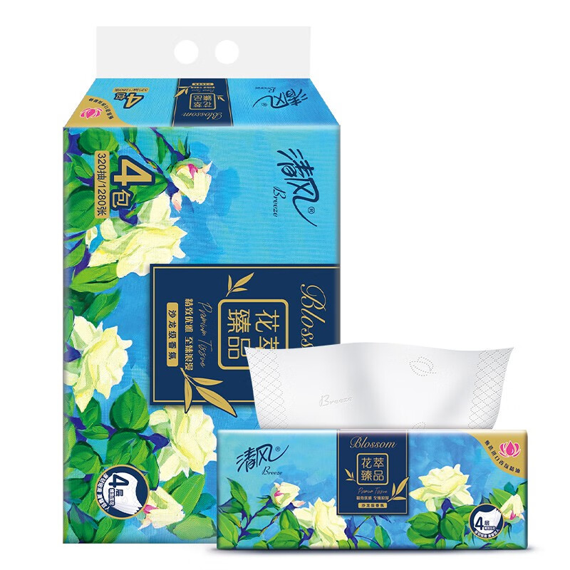 清风花萃臻品系列抽纸4层80抽4包DXQF019（单位：提） 白色
