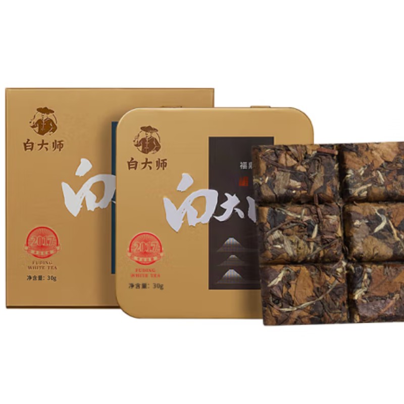 白大师茶叶福鼎白茶2017年寿眉小方片饼干茶30g 盒 香槟色