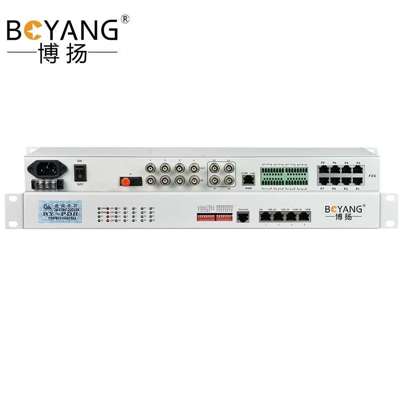 博扬 综合业务电话光端机 4E1+4电话+4路以太网隔离+2路双向视频+2路双向音频+4路磁石 单纤20km 机架式 1对 白色