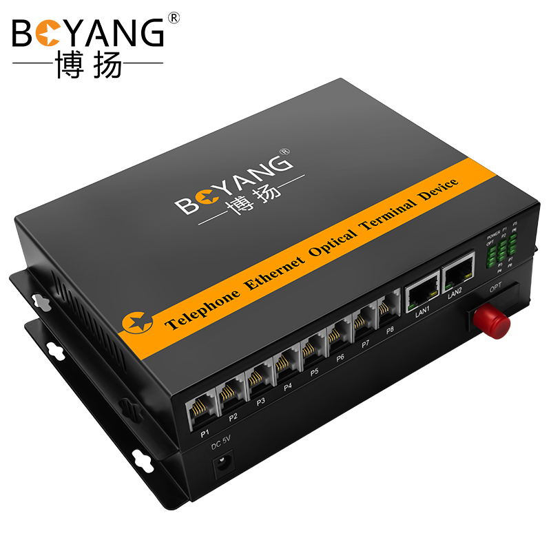 博扬（BOYANG）数字电话光端机 8路电话语音+2路网络 对讲音频加2路以太网 光纤传输FC接口 1对 BY-8P2E 黑色