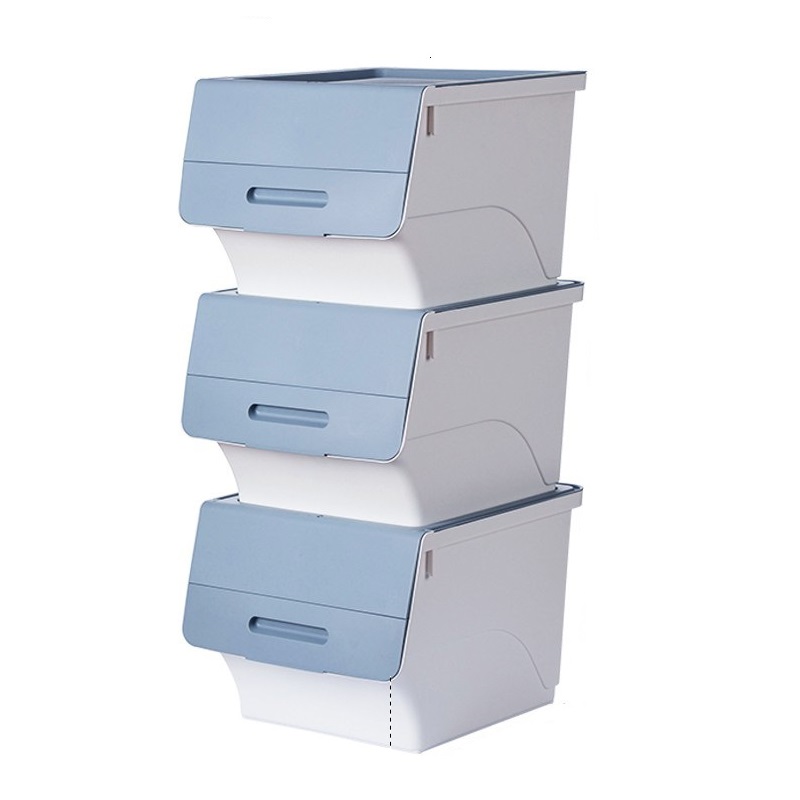 茶花 翻盖收纳箱 前开式收纳盒衣服整理储物箱34L 3支装 蓝色