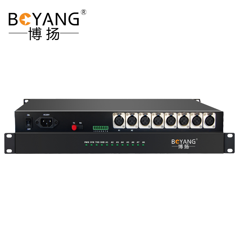 博扬 2路卡侬音频光端机演播广电级 卡农头平衡音频光纤延长器 2路正向光纤传输器 1U机架式一对 黑色
