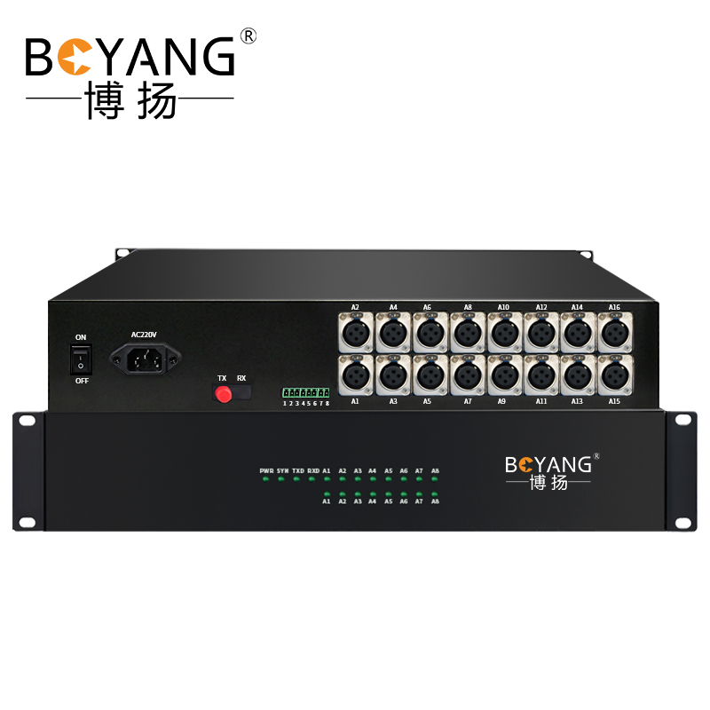 博扬 16路卡侬音频光端机演播广电级 卡农头平衡音频光纤延长器 8路双向光纤传输器 机架式一对 BY 黑色