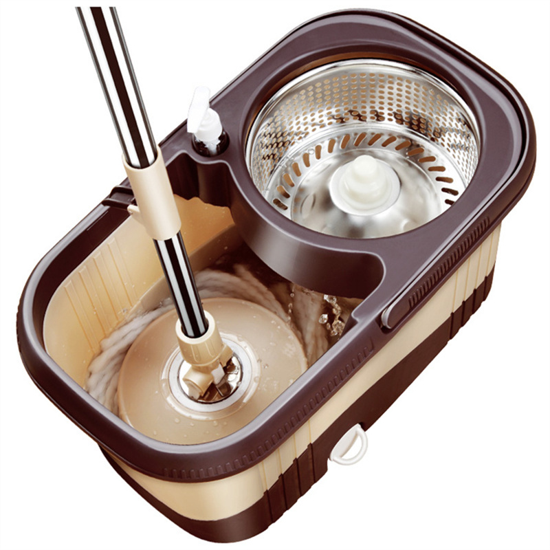 百家好世 小方桶双驱动免手洗拖把桶卡其色2个拖头涡轮式不锈钢脱水篮 方形旋转拖+2个拖头