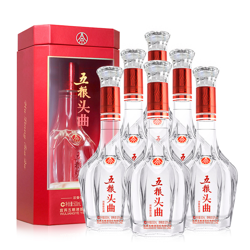 五粮液股份 五粮头曲 鸿运 浓香型白酒 52度 500ml*6瓶 整箱装 红色