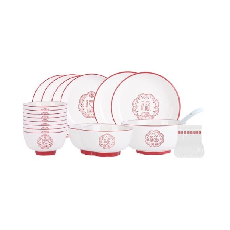 顺祥陶瓷五福临门26头套装餐具礼盒装 白红