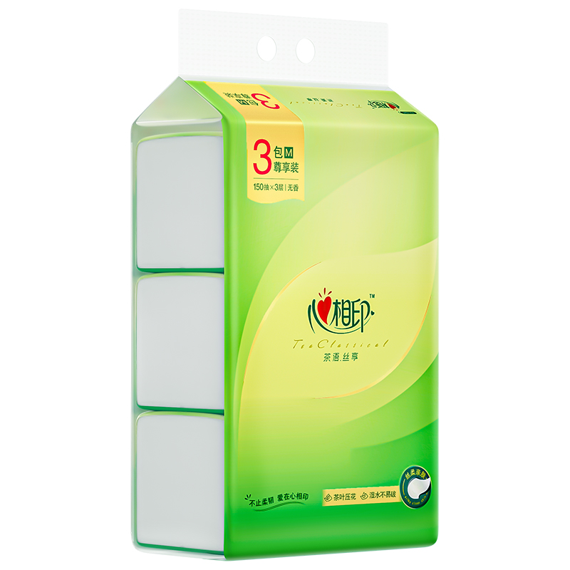 心相印（Mind Act Upon Mind） 茶语丝享系列150抽三层塑装纸面巾（M码）3包装DT32150（提装） （单位：包）白色