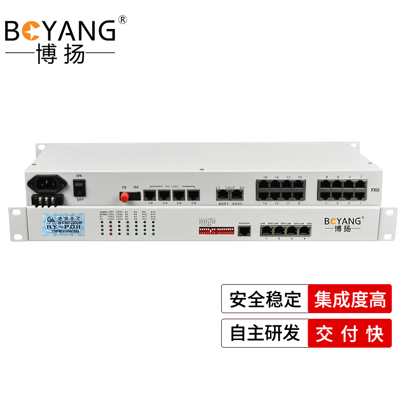 博扬 综合业务电话光端机 8路E1+16路电话+4路百兆以太网 单纤60km 机架式单电源 1对价 白色