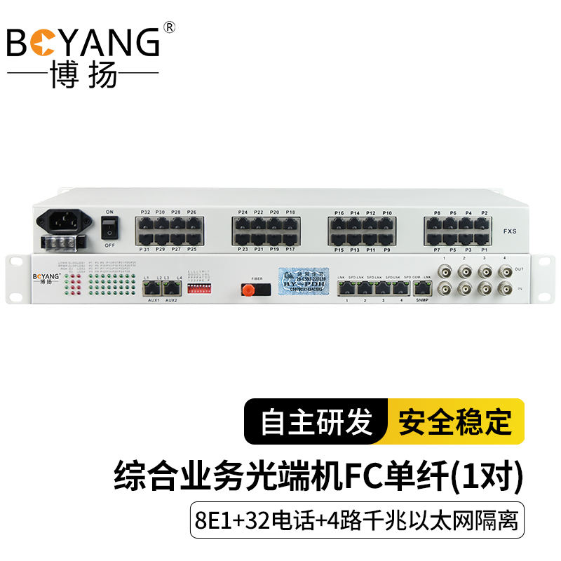 博扬 综合业务光端机 8E1+32电话+4路千兆以太网隔离 单纤80km 带1+1光备份机架式 1对 白色