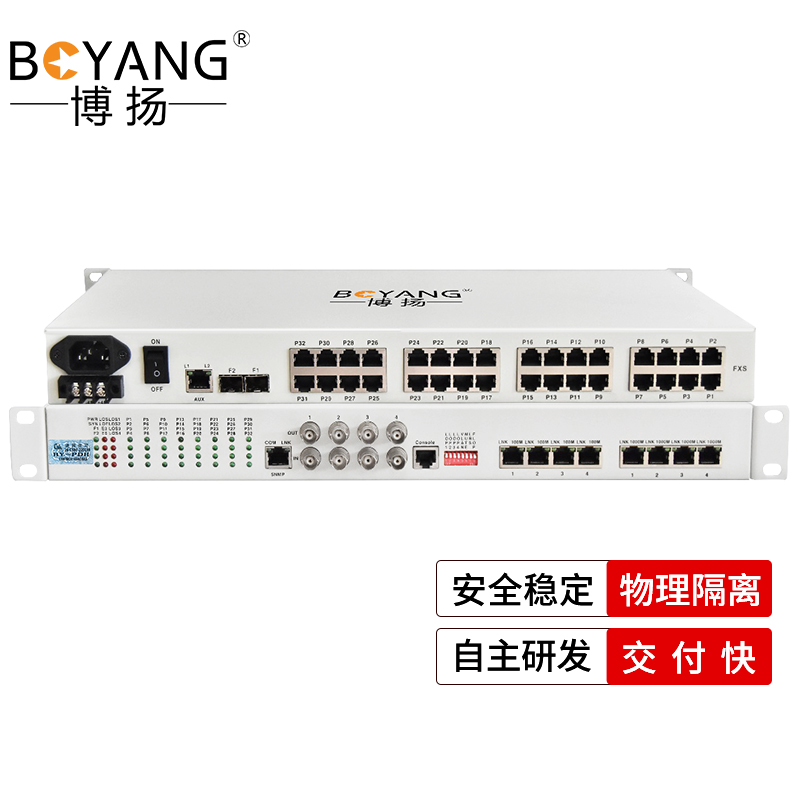博扬 综合业务电话光端机8路E1+16路电话+2路千兆+4路百兆以太网 物理隔离 LC单纤60km 白色
