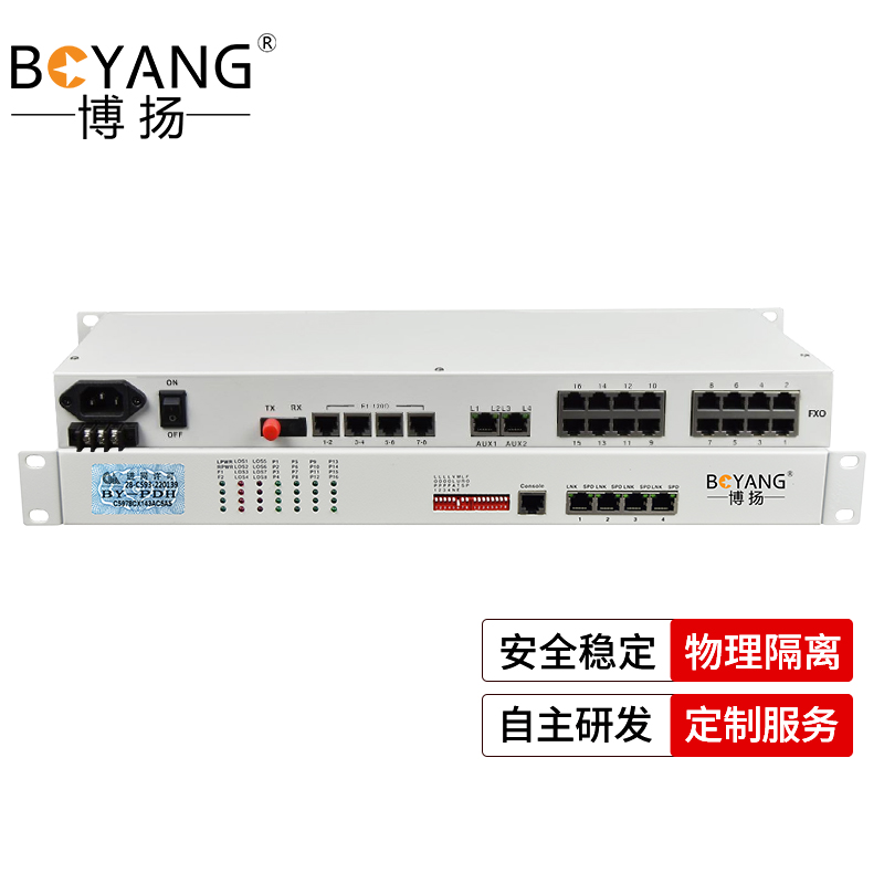 博扬 综合业务电话光端机 8E1+8路电话+8路磁石+4路百兆物理隔离 单纤20km机架式一对 BY 白色