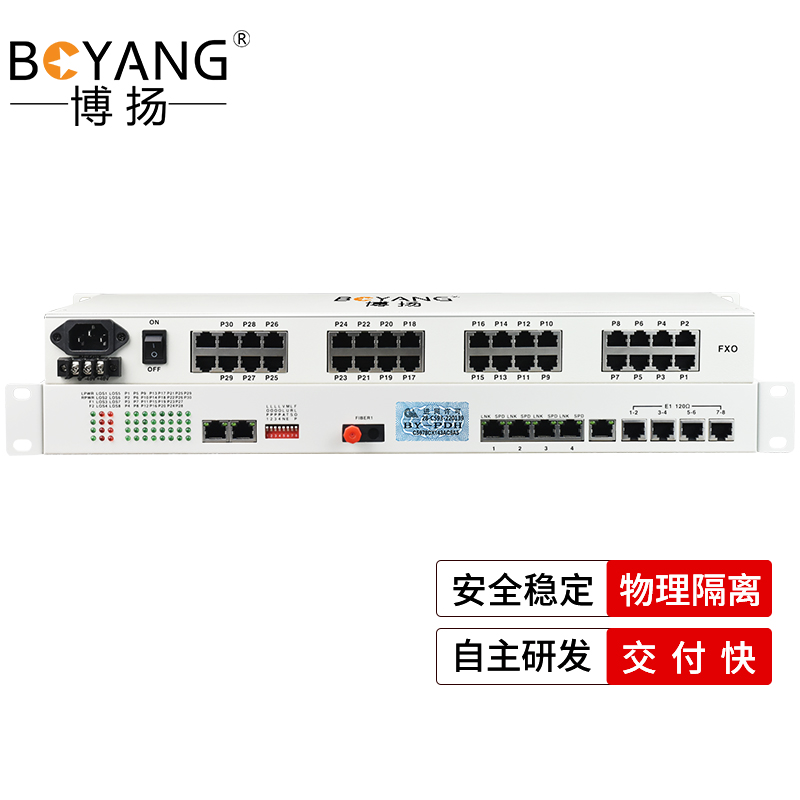博扬 综合业务电话光端机 8E1+20路电话+10路磁石+4百兆隔离网 单纤FC 120km 1对 白色