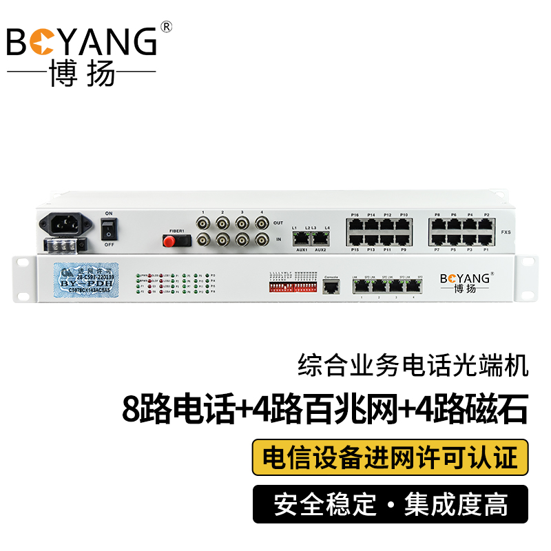 博扬 综合业务电话光端机 8路电话+4路百兆网络+4路磁石 单纤20km 机架式 1对价 BY-8P 白色