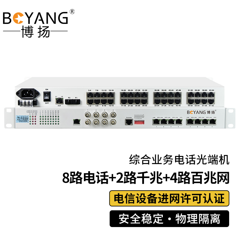 博扬 综合业务电话光端机 8路电话+2路千兆+4路百兆以太网物理隔离 LC单纤60km 机架式 1对 白色