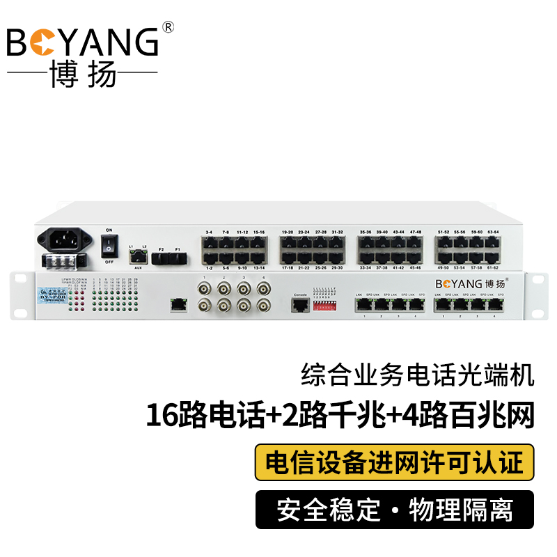 博扬 综合业务电话光端机 16路电话+2路千兆+4路百兆以太网物理隔离 LC单纤60km 机架式1对 白色