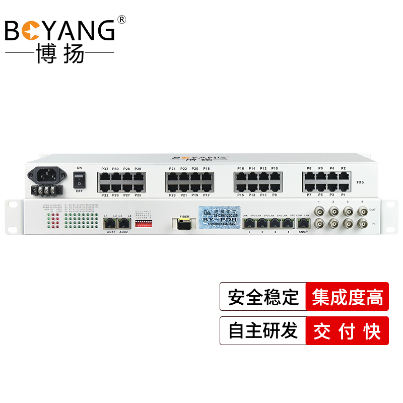 博扬 综合业务电话光端机 4路E1+32路电话+4路千兆共享以太网 单纤60km 机架式 1对价BY 白色