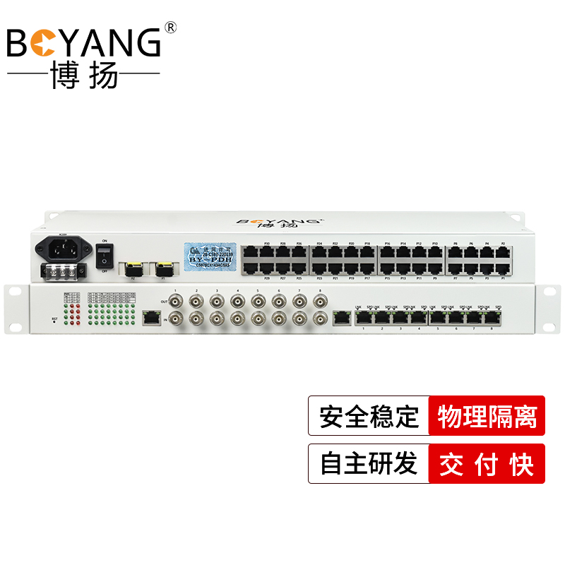 博扬 综合业务电话光端机 8路E1+32路电话+8路百兆以太网物理隔离 单纤60km 机架式 1对价 白色