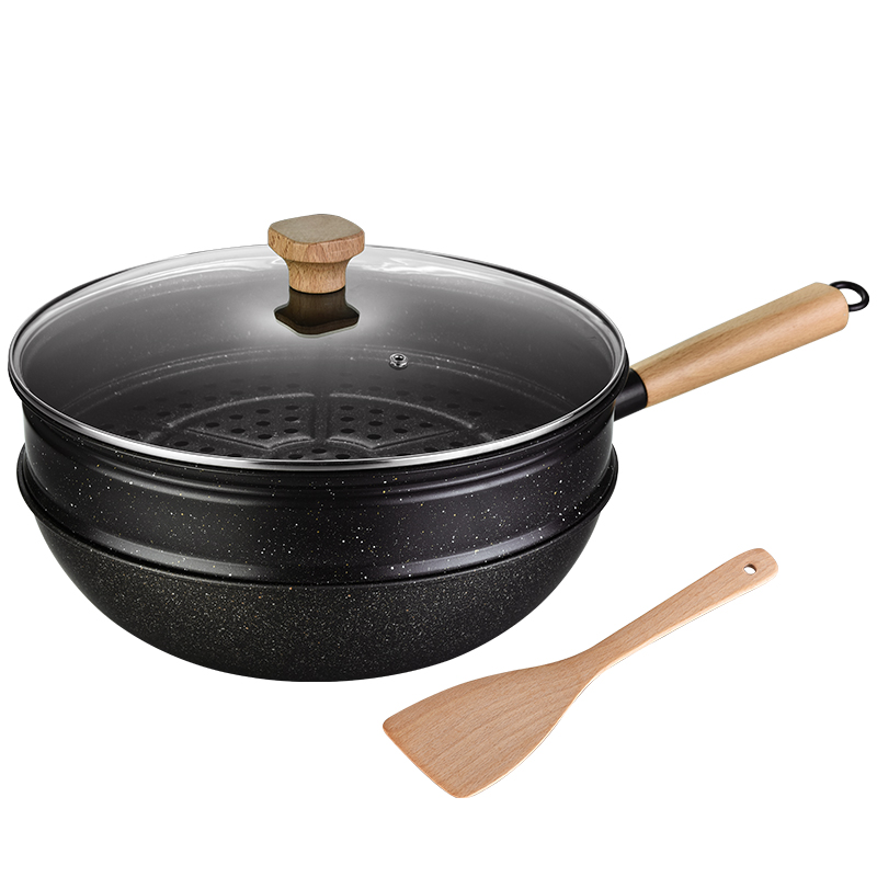 翰乐麦饭石不粘炒锅+蒸笼 送铲子 电磁炉煤气灶通用HL-T08飘香甄品（套）  