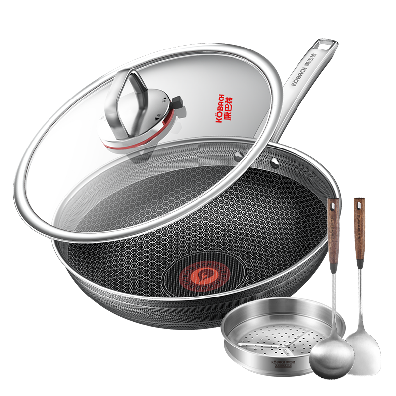 康巴赫 第六代全新抗菌不锈钢双蜂窝炒锅32cm带四件套KGH-C32A（14030372）单位:套 不锈钢色