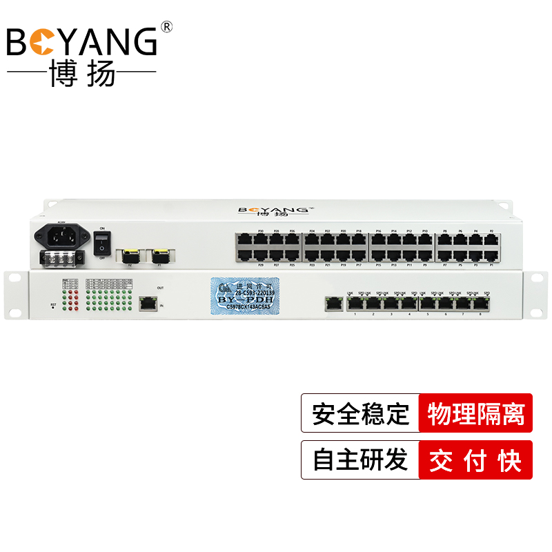 博扬 综合业务光端机 16路电话+8路百兆以太网物理隔离 单纤20km 机架式 白色