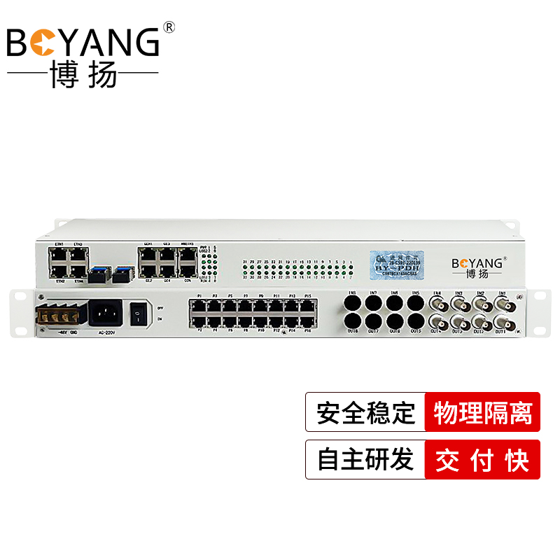 博扬 综合业务电话光端机4E1+20路电话+4路千兆物理隔离网 10G光口LC单纤60km机架式1对 白色
