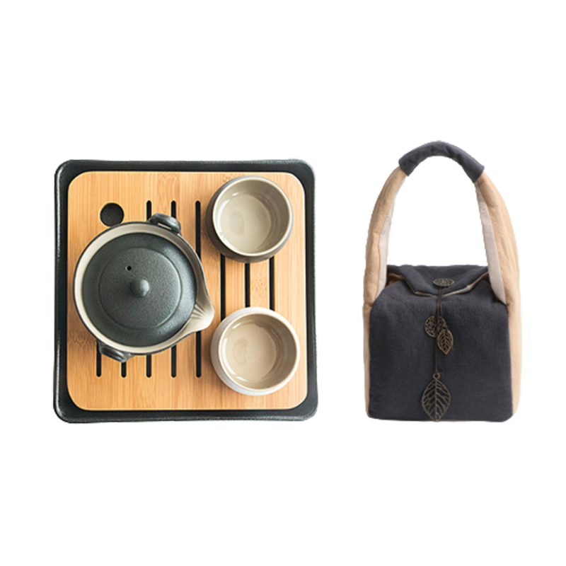 南山先生 黑陶快客杯一壶两杯便携式旅行茶具竹制茶盘日式陶瓷功夫茶具 汉禅一壶二杯＋茶盘＋布袋  套 黑色