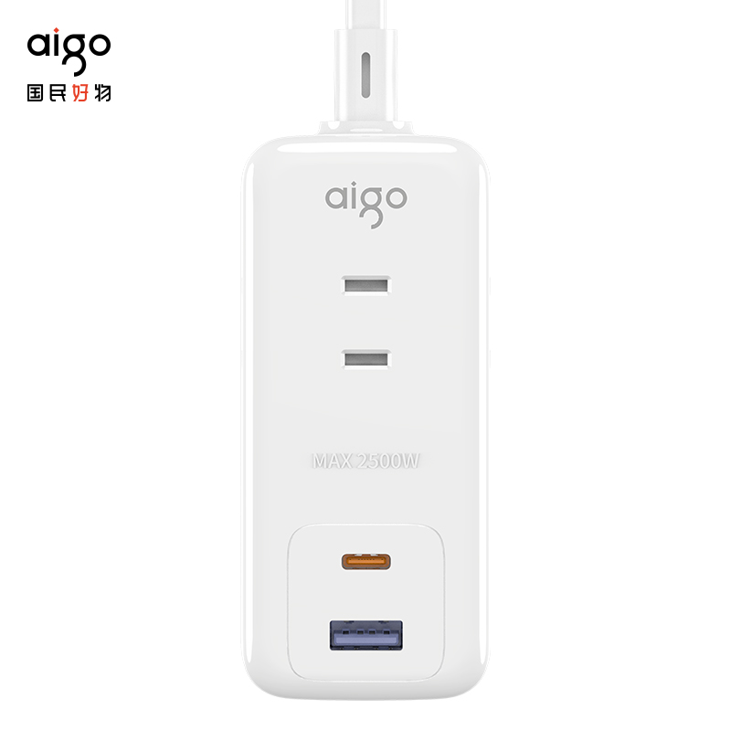 爱国者20W PD快充USB插座 旅行插排2孔接线板 新国标一转5位排插AC0320P20（2m）个 白色