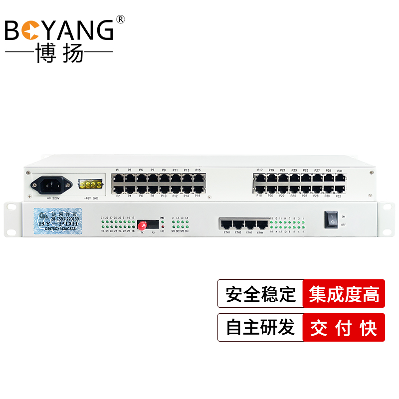 博扬 综合业务电话光端机 20路电话+4路百兆网络+4路磁石 单纤20km 机架式双电源 1对价 白色