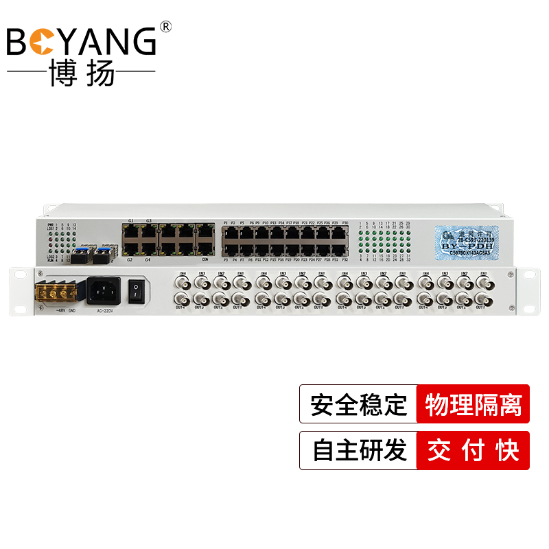 博扬 综合业务电话光端机 16E1+16电话+4路千兆物理隔离网 单纤20km LC 机架式 1对价 白色