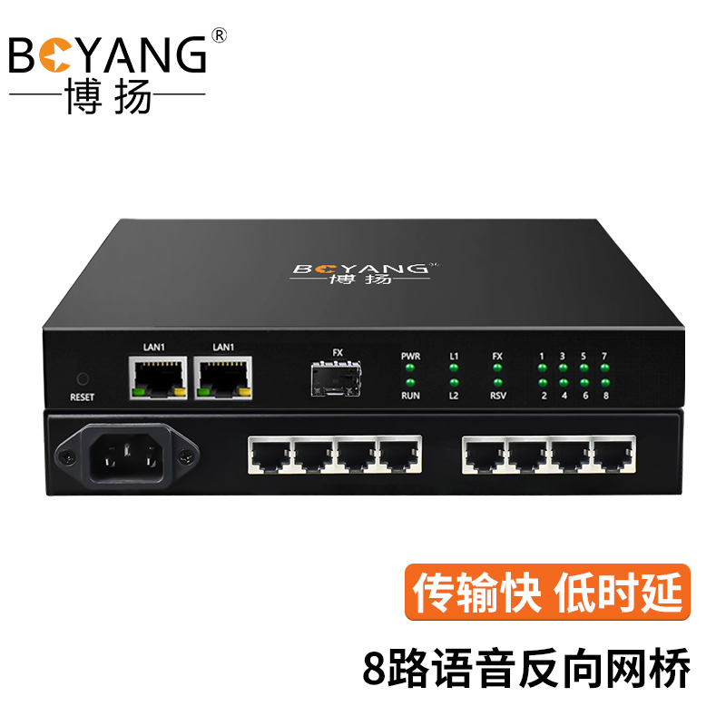 博扬 8路语音反向网桥 语音OVER IP 电话转网络 同时支持电口和SFP光口 WEB网管 桌面式 黑色