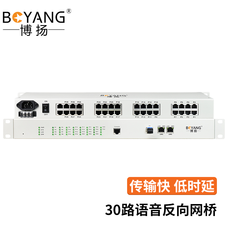 博扬 30路语音反向网桥 语音OVER IP 电话转网络 同时支持电口和SFP光口 WEB网管 机架 白色