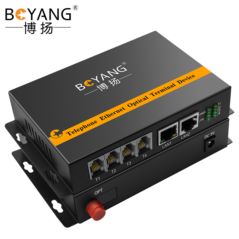 博扬 数字电话光端机4路电话+2路千兆网络 4路对讲语音+2路千兆以太网光纤传输 FC接口60公里 黑色