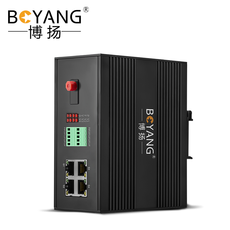 博扬 工业级综合业务光端机 2路百兆物理隔离+2路电话 单纤FC 60km 一对价 黑色