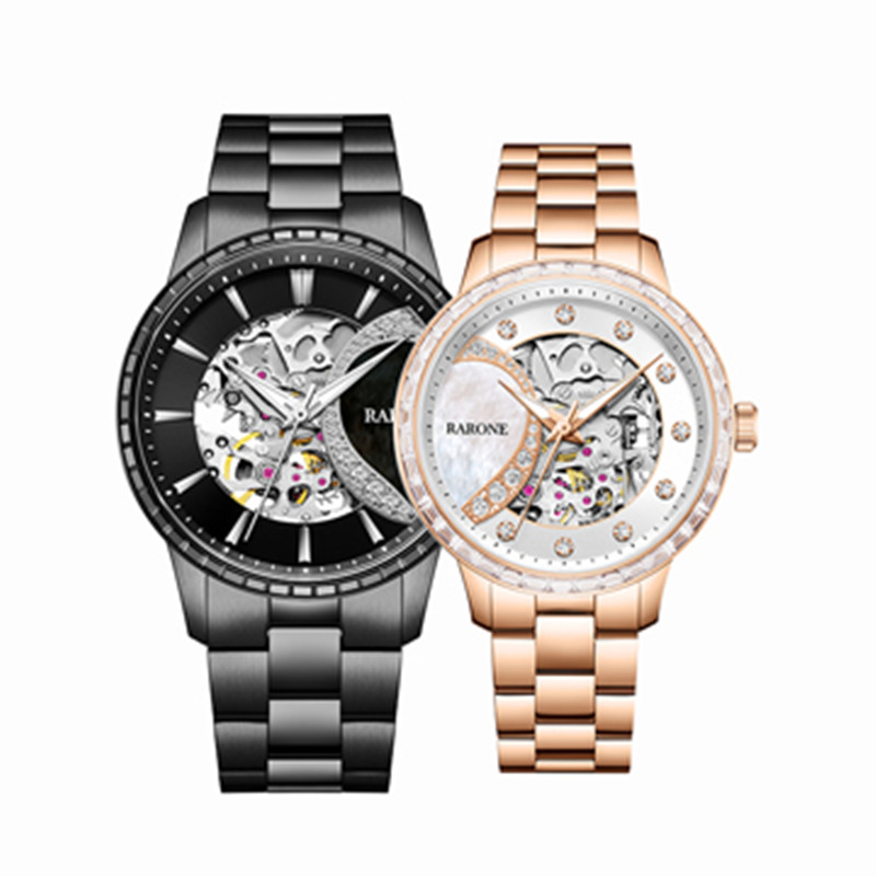 雷诺(RARONE)机械情侣表一对男女款一心一意贝母盘对表钢带腕表867041（单位：块） 黑色+玫金