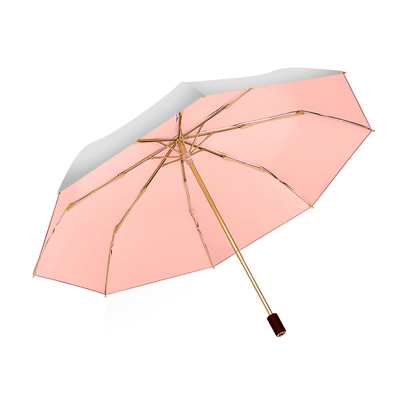三极 TP7032    8骨晴雨两用双层黑胶三折伞 西柚粉