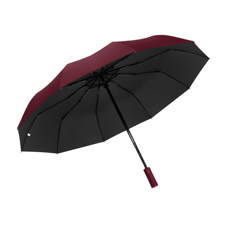 三极 TP7036  全自动十骨双层三折伞  黑胶布 酒红色