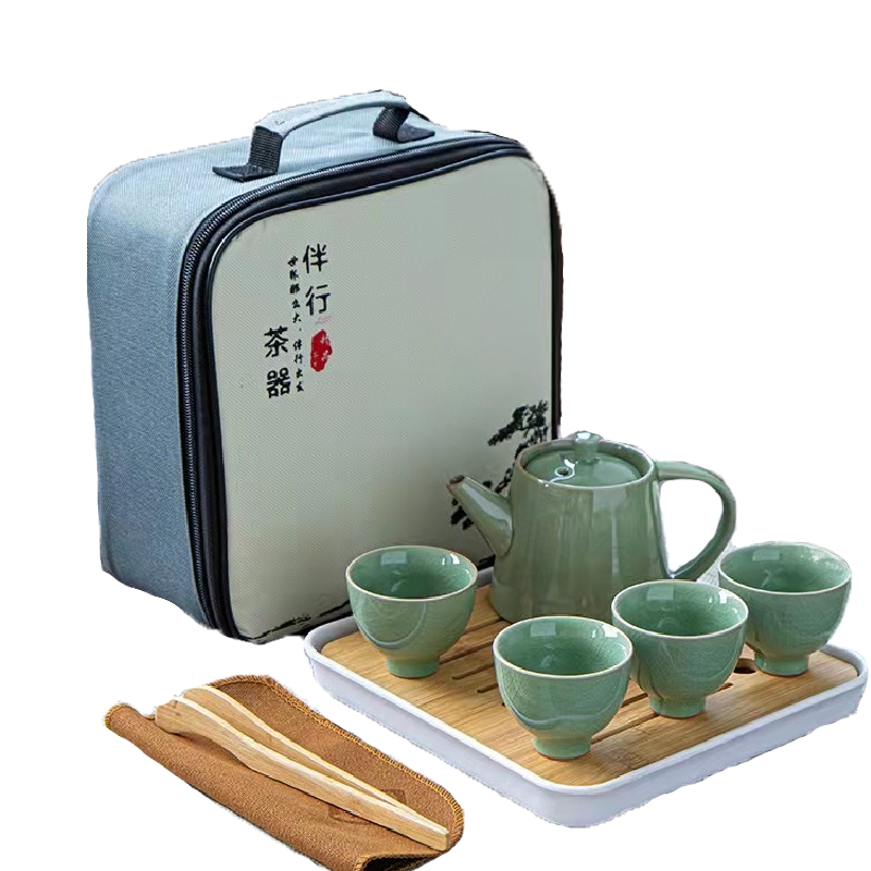 百斯克哥窑手执壶花神杯旅行茶具便携茶具套装 绿色