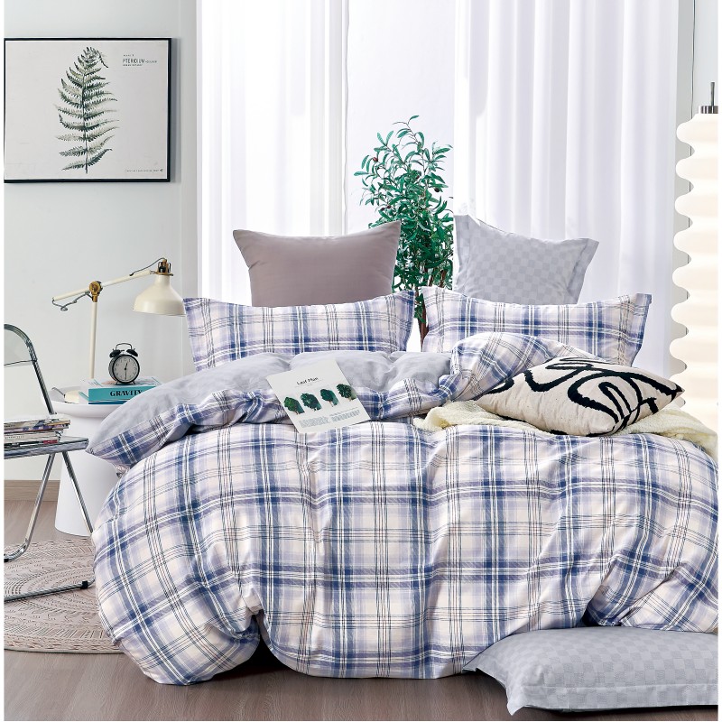 怡莲YL-JT2304纯棉四件套双人床被套床单枕套简约时尚四季通用四件套(单价：套） 风尚蓝灰格 200*230CM
