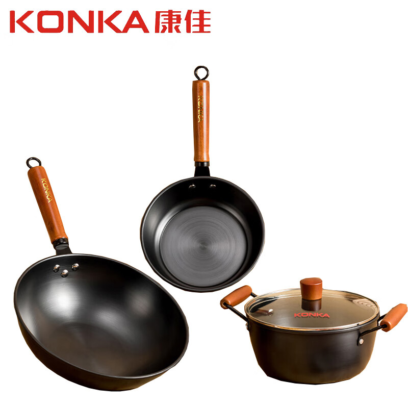 康佳（KONKA）锅具三件套KBZG-0304T 家用多功能炒锅煎锅汤锅不粘锅具套装锅 曜石黑