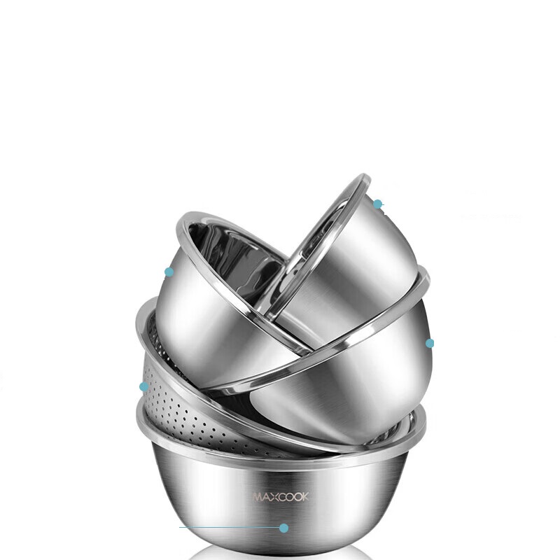 美厨（maxcook）不锈钢盆筛五件套 30cm加大加厚洗菜盆和面盆调料盆套装 MCWA798 不锈钢色