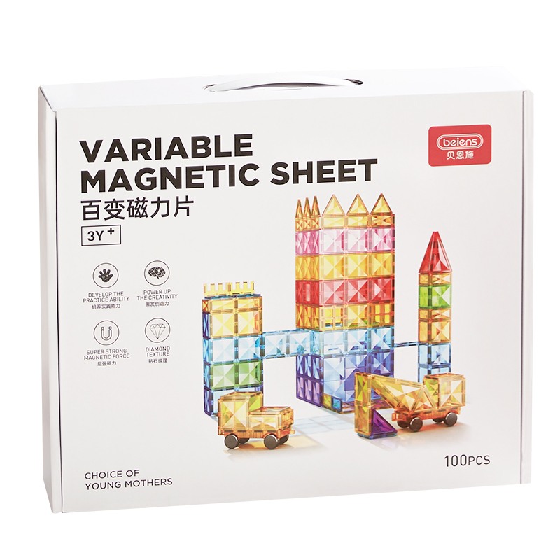 贝恩施 钻面彩窗磁力片 100PCS含小车 吸磁铁拼装积木 彩色（单位：套）