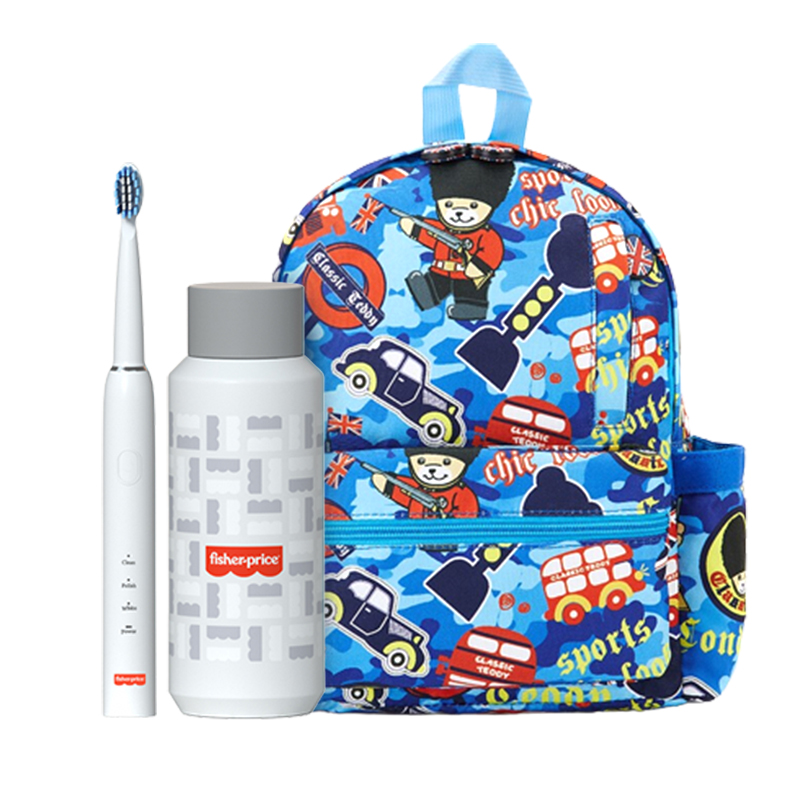 费雪保温杯+电动牙刷+外交官Diplomat精典泰迪蓝色卫兵熊背包组合开学三件套 组合三件套
