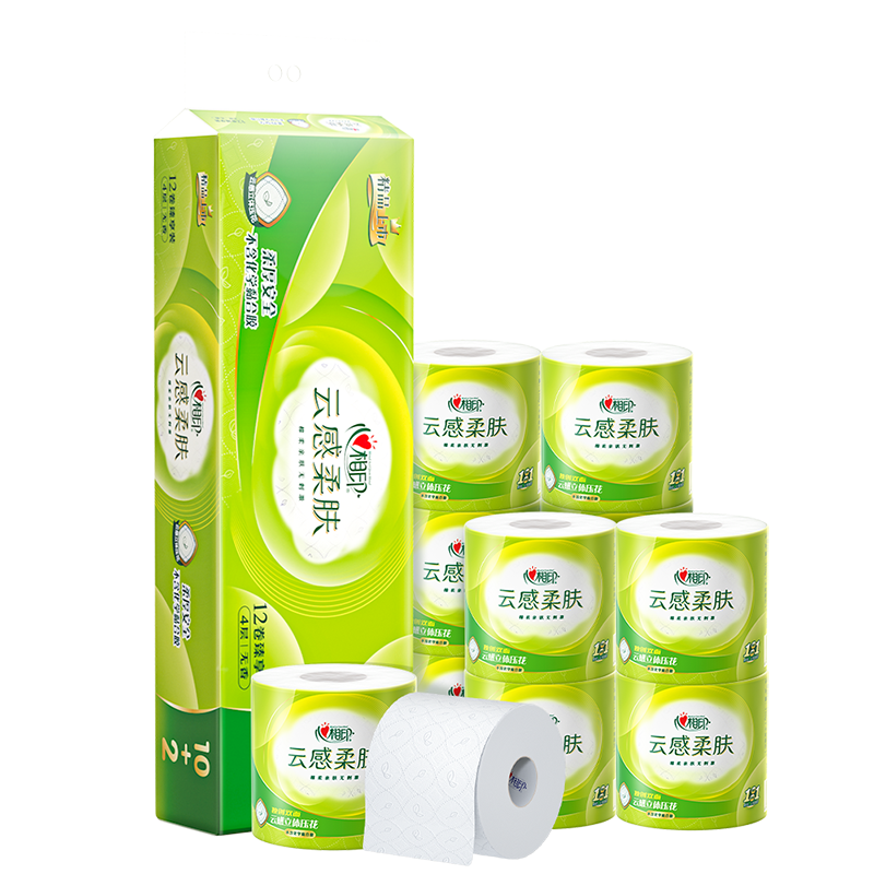 心相印（Mind Act Upon Mind） BT5312云感系列110克12粒装四层立体压花卷筒卫生纸 （单位：提）浅杉绿