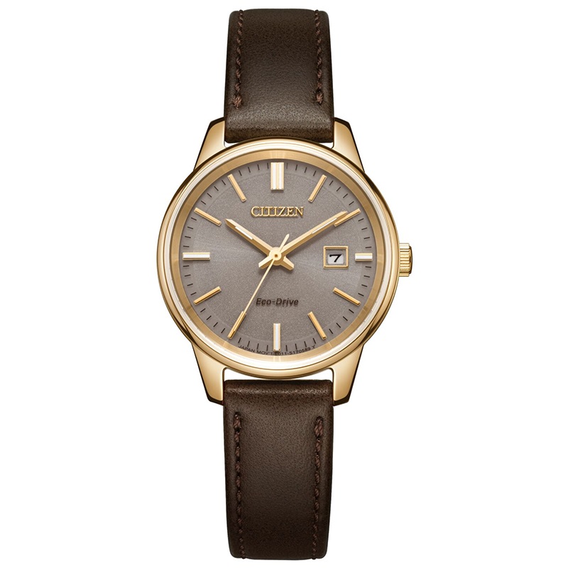 Citizen西铁城 光动能手表日期显示时尚简约情侣对表 皮带女表EW2593-10X 金色