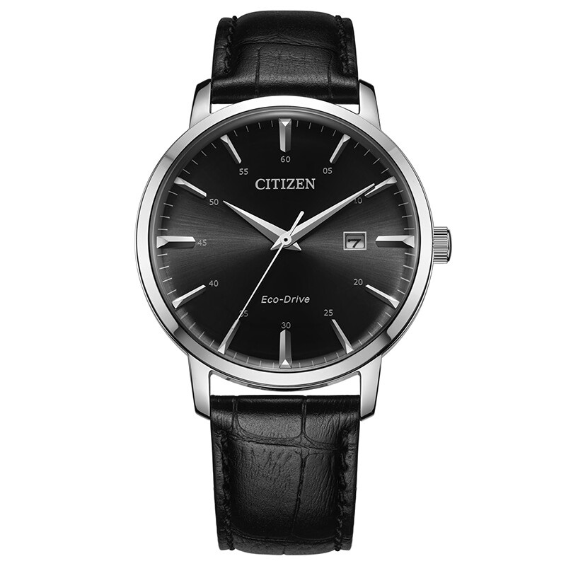 Citizen西铁城 光动能手表日显休闲时尚黑盘皮带男表 BM7460-11E 黑色