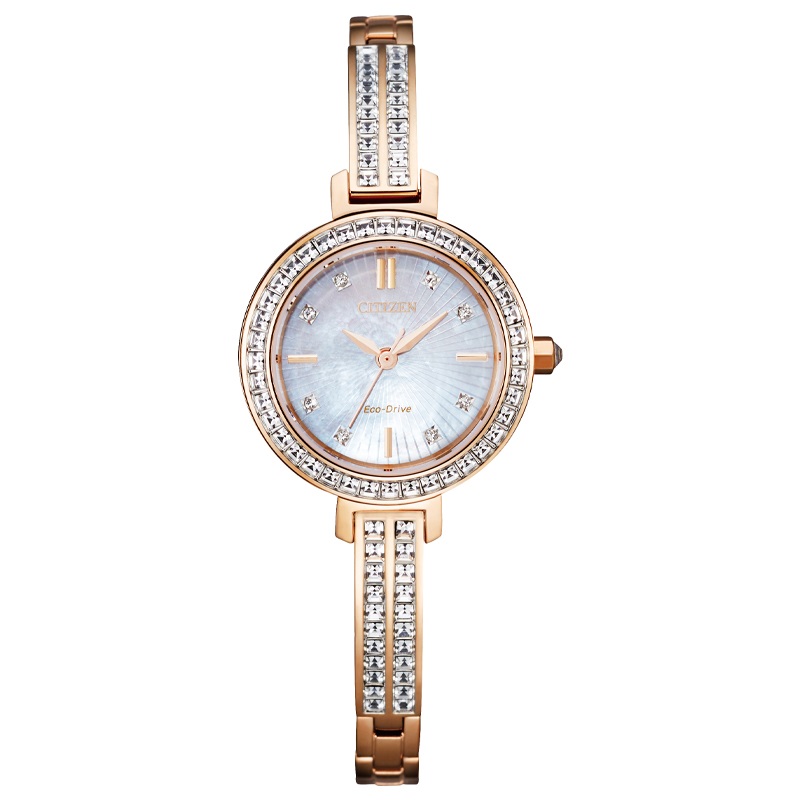 Citizen西铁城 光动能手表时尚优雅水晶镶嵌贝母盘镀粉金色钢带女表EM0863-53D 珠光贝母