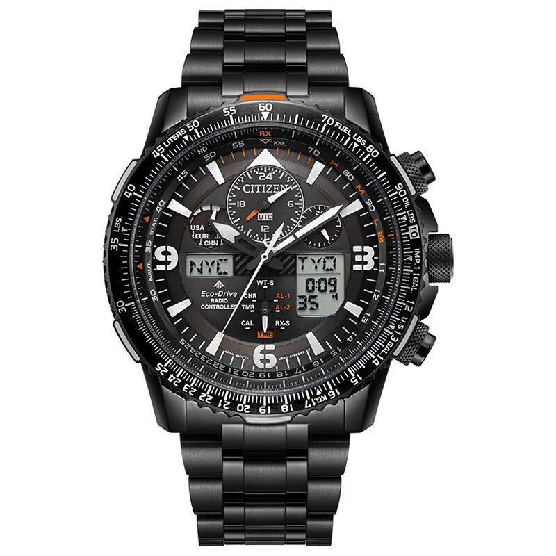 Citizen西铁城 超级空中之鹰系列 光动能多局电波运动时尚男表JY8085-81E 黑色