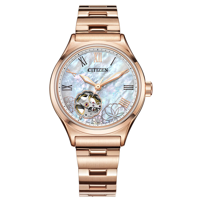 Citizen西铁城 机械手表不锈钢镀粉金色镂空牡丹贝母表盘钢带女表 PC1007-81D 珠光贝母